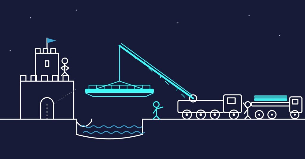 A stick figure watches from the wall of an old castle as a crane crew on the far bank swings a new bridge across the moat.