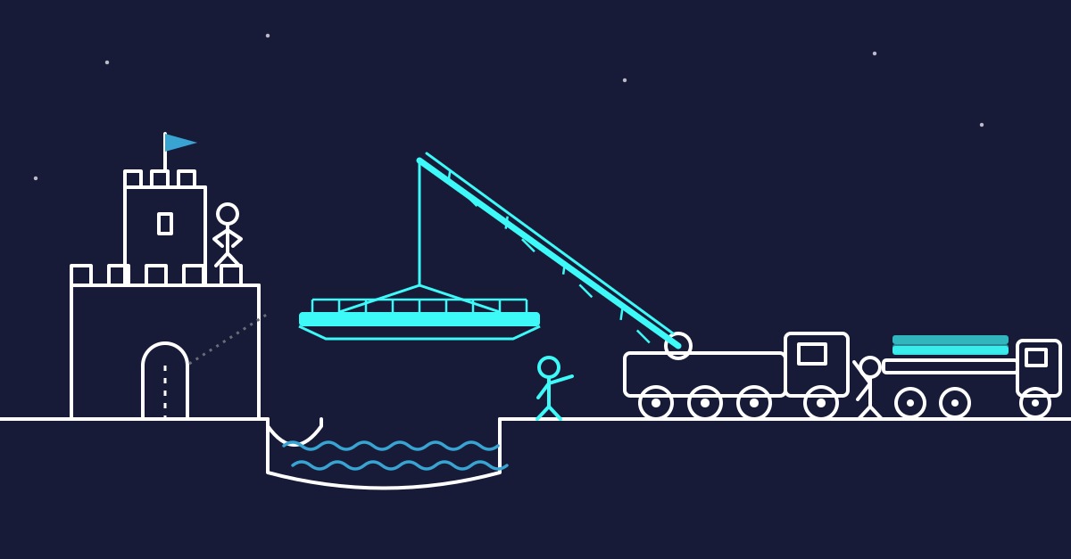 A stick figure watches from the wall of an old castle as a crane crew on the far bank swings a new bridge across the moat.