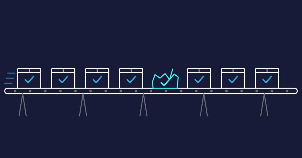 A conveyor belt of identical boxes, each stamped with a checkmark, including one crushed box that got a checkmark too