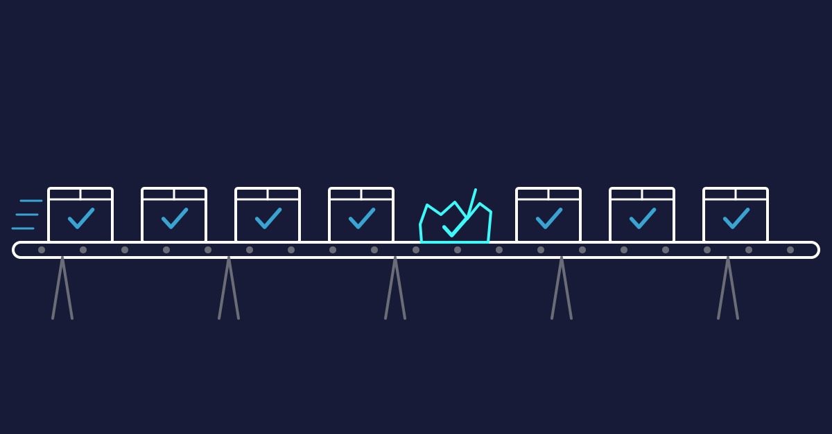 A conveyor belt of identical boxes, each stamped with a checkmark, including one crushed box that got a checkmark too