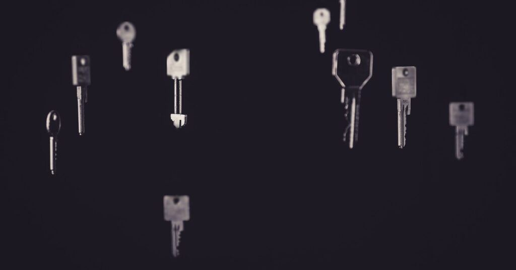 Loose metal keys of different shapes and sizes floating against a black background