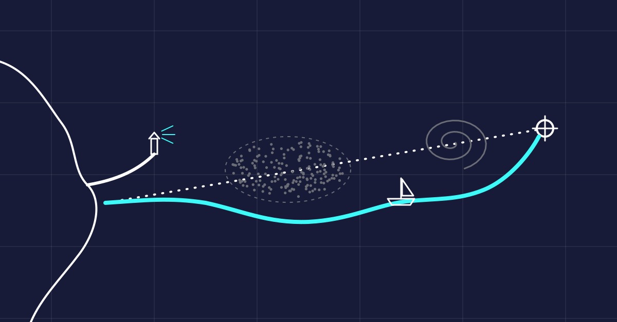 A nautical chart with a dotted planned course running straight from the harbor to its destination, and the course actually sailed bending around a shoal and a storm to reach the same point.